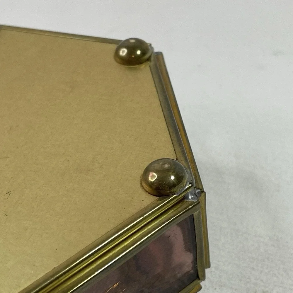 Vintage Purple Glass Jewelry Box Etched Flower Mirrored Brass Base Hexagon